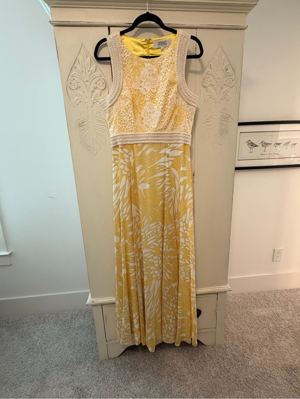 Badgley Mischka Yellow and White Floral beaded Crochet-Trim Maxi Dress